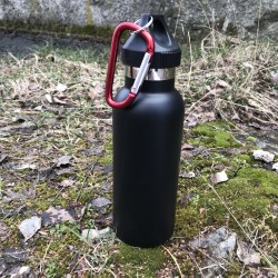Металлическая бутылка термос с карабином. Чёрная.